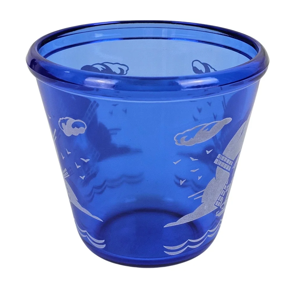 VTG Hazel Atlas cobalt blue glass ice bucket windmills 4.25